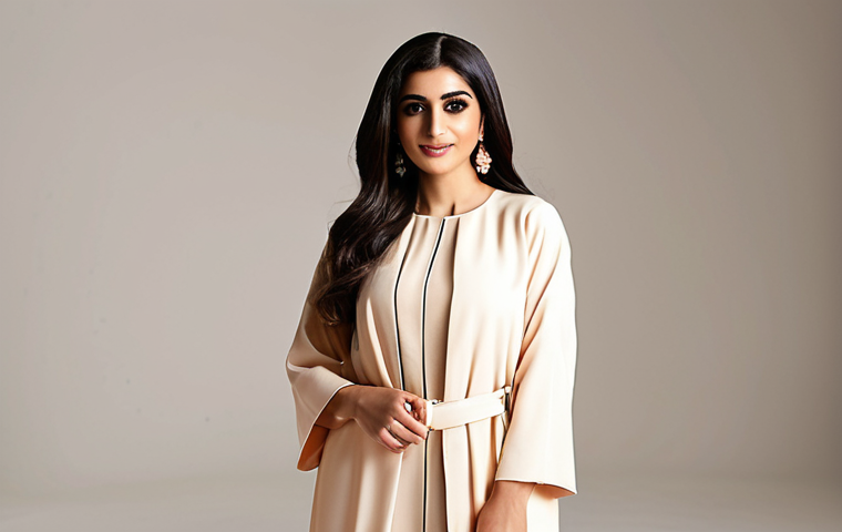 **
A stylish Arab woman confidently posing in a well-lit studio, showcasing a chic and modest outfit. The background is clean and modern, possibly with a subtle Arabic-inspired design element. Focus on conveying confidence, elegance, and relatability to the target audience. The overall aesthetic should be bright and inviting, reflecting a positive and empowering message about fashion.
**