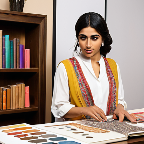 Home 7 A sophisticated female Arab fashion stylist, with an empathetic and insightful expression, engaging in a personalized consultation with a diverse client. The scene is set in a stylish, well-lit studio with subtle traditional Arabic architectural details and modern decor. Elements like fashion sketches, vibrant fabric swatches, color palettes, and books on human psychology or fashion history are visible, emphasizing the blend of art, science, and deep understanding of personal identity in her work. The overall atmosphere is warm, professional, and creatively inspiring.