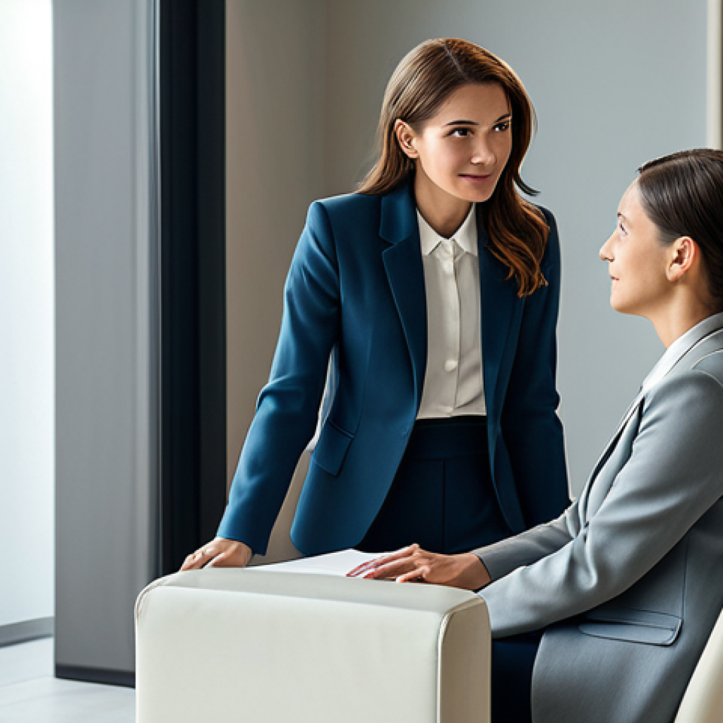 A professional female fashion stylist, elegantly dressed in a modest business blazer and tailored trousers, engages in a deep, empathetic conversation with a female client, who is also fully clothed in chic, appropriate attire. They are seated comfortably in a serene, modern consultation room with soft natural lighting. The stylist leans slightly forward, actively listening, while the client gestures gently, conveying her style aspirations. The scene emphasizes trust-building and personalized understanding. Perfect anatomy, correct proportions, natural pose, well-formed hands, proper finger count. Professional photography, high-resolution, detailed, cinematic lighting. safe for work, appropriate content, fully clothed, professional, family-friendly.