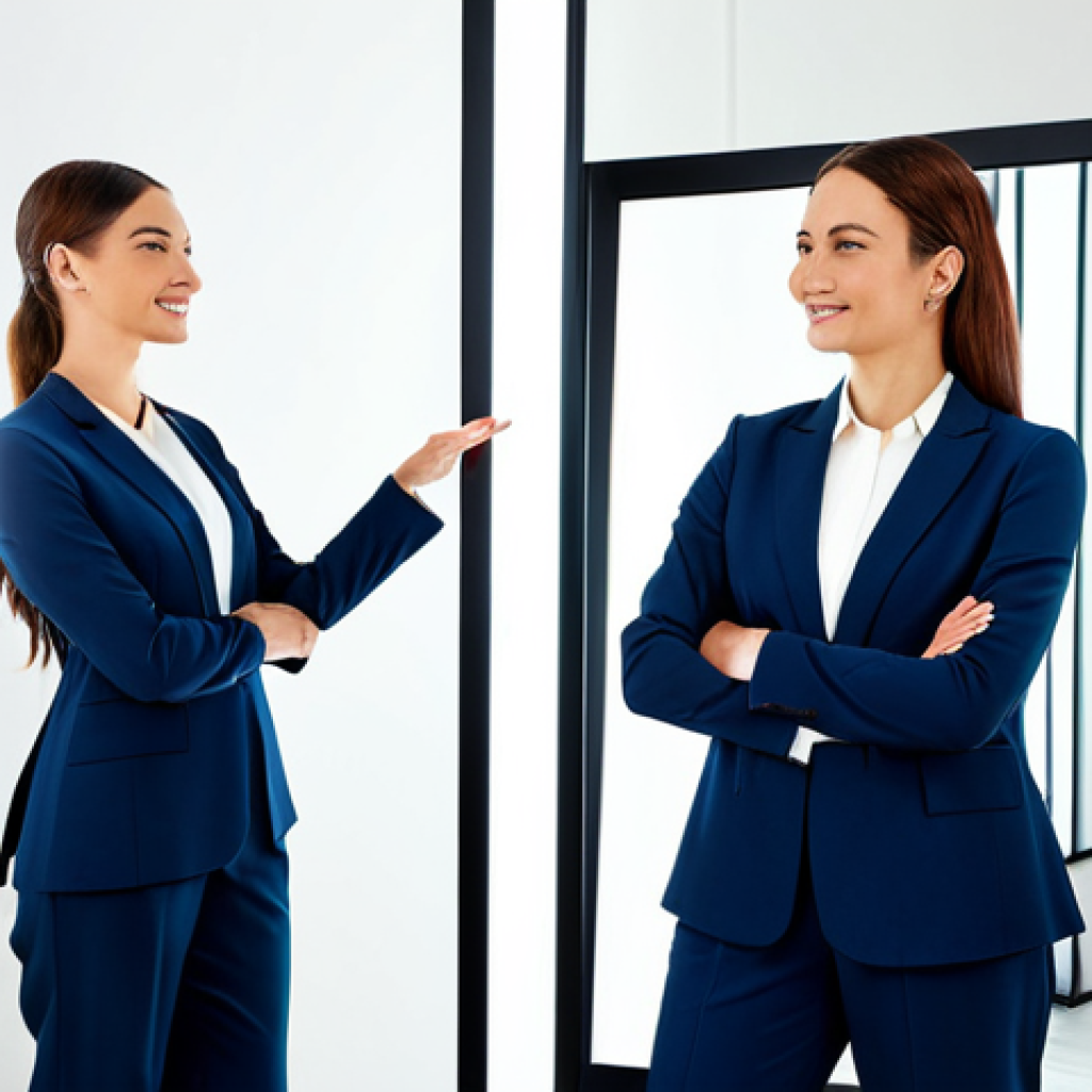 A professional female fashion stylist, dressed in a modest blazer and tailored trousers, stands beside a female client in a bright, modern styling studio. The client, wearing a newly styled, vibrant and professional dress, beams confidently while looking at her reflection in a large, elegant mirror. The stylist subtly gestures, affirming the client's positive transformation. This image captures empowerment and self-assurance. Fully clothed, appropriate attire, safe for work, appropriate content, perfect anatomy, correct proportions, natural pose, well-formed hands, proper finger count, natural body proportions, professional, high quality, studio lighting.