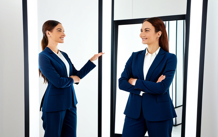 A professional female fashion stylist, dressed in a modest blazer and tailored trousers, stands beside a female client in a bright, modern styling studio. The client, wearing a newly styled, vibrant and professional dress, beams confidently while looking at her reflection in a large, elegant mirror. The stylist subtly gestures, affirming the client's positive transformation. This image captures empowerment and self-assurance. Fully clothed, appropriate attire, safe for work, appropriate content, perfect anatomy, correct proportions, natural pose, well-formed hands, proper finger count, natural body proportions, professional, high quality, studio lighting.