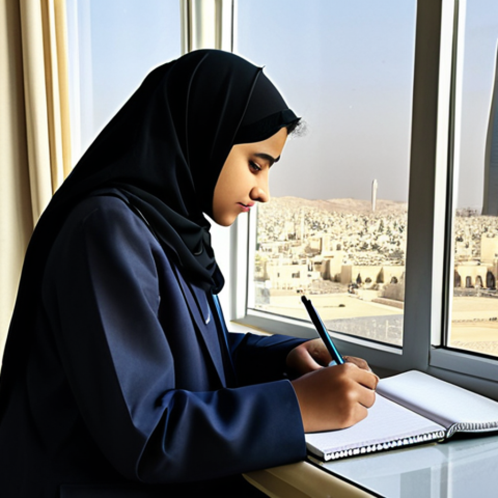 Sarah's Early Dream**

"A young Saudi woman, SFW, fully clothed in modest school uniform, sketching fashion designs in a notebook, Riyadh cityscape visible through the window, professional art style, perfect anatomy, correct proportions, family-friendly, appropriate content."

**
