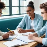 패션 코디네이터가 추천하는 스터디 그룹 - A group of diverse university students, appearing to be 18-25 years old, engaged in a collaborative ...