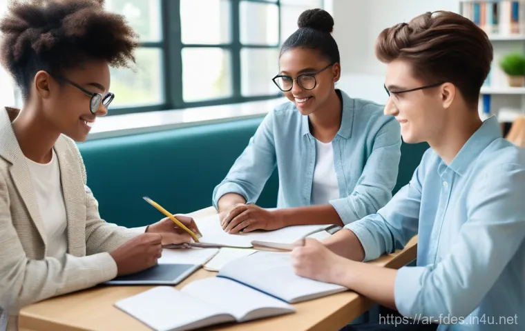 패션 코디네이터가 추천하는 스터디 그룹 - A group of diverse university students, appearing to be 18-25 years old, engaged in a collaborative ...