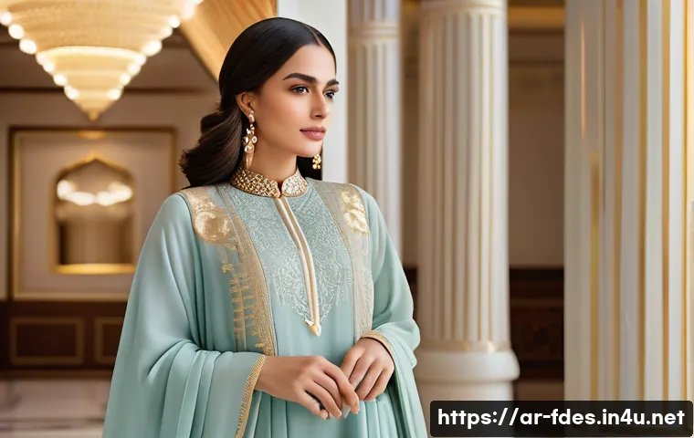 패션 코디네이터와 청중 분석 기술 - A sophisticated Arabic woman in elegant, modest fashion, wearing a flowing abaya with soft pastel co...