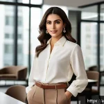 패션 코디네이터의 패션 심리 상담 사례 - A confident Arab woman with warm-toned skin wearing an elegant beige and brown earth-toned outfit th...