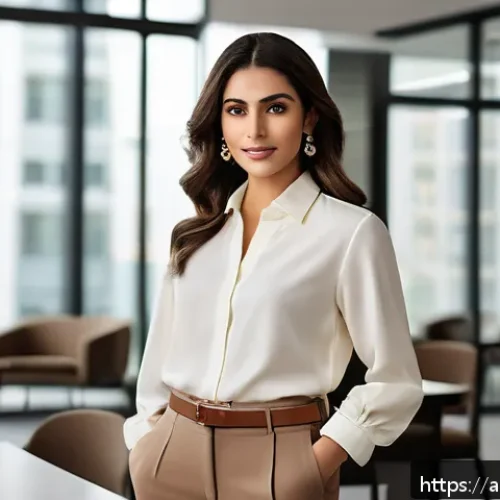 패션 코디네이터의 패션 심리 상담 사례 - A confident Arab woman with warm-toned skin wearing an elegant beige and brown earth-toned outfit th...