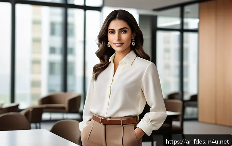 패션 코디네이터의 패션 심리 상담 사례 - A confident Arab woman with warm-toned skin wearing an elegant beige and brown earth-toned outfit th...