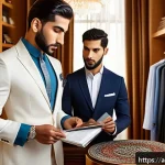 패션 코디네이터로 성공하는 법 - A sophisticated Arab male fashion stylist consulting a client in a modern boutique setting, both dre...