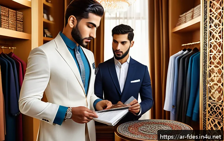 패션 코디네이터로 성공하는 법 - A sophisticated Arab male fashion stylist consulting a client in a modern boutique setting, both dre...