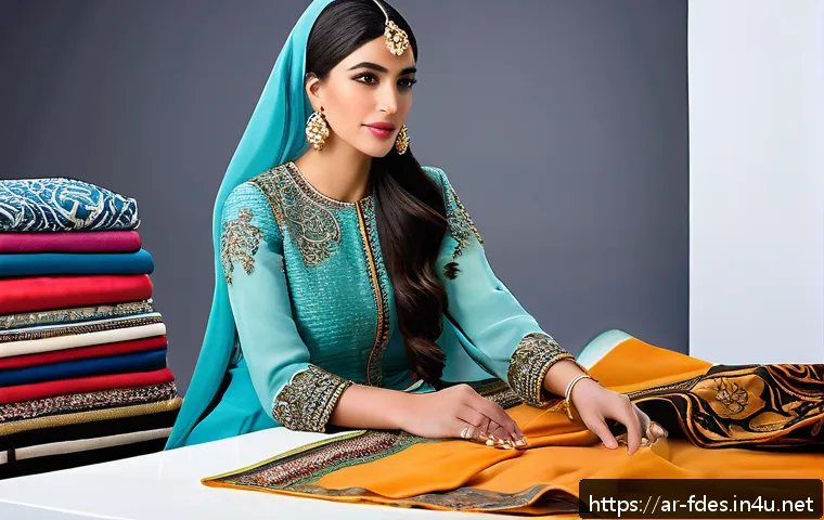 패션 코디네이터와 패션 컨설턴트 차이점 - A professional Arabic fashion stylist carefully selecting and coordinating elegant traditional and m...