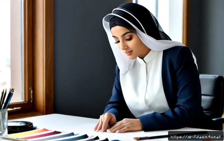 Home 17 패션 코디네이터 경력직 구직 전략 - Photorealistic experienced Arab fashion coordinator in elegant modest professional attire, seated at...